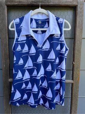Ana Clare Blue And White Sleeveless Polo Shirt With White Sailboats Size L